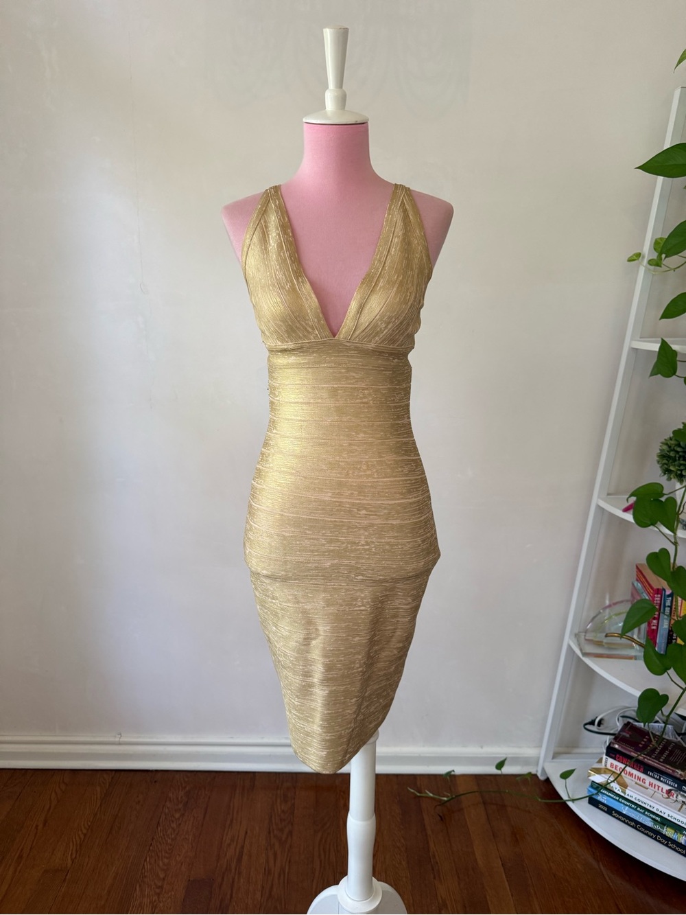 Y2K Bandage Dress Gold Plunge V-Neck Bodycon Dress